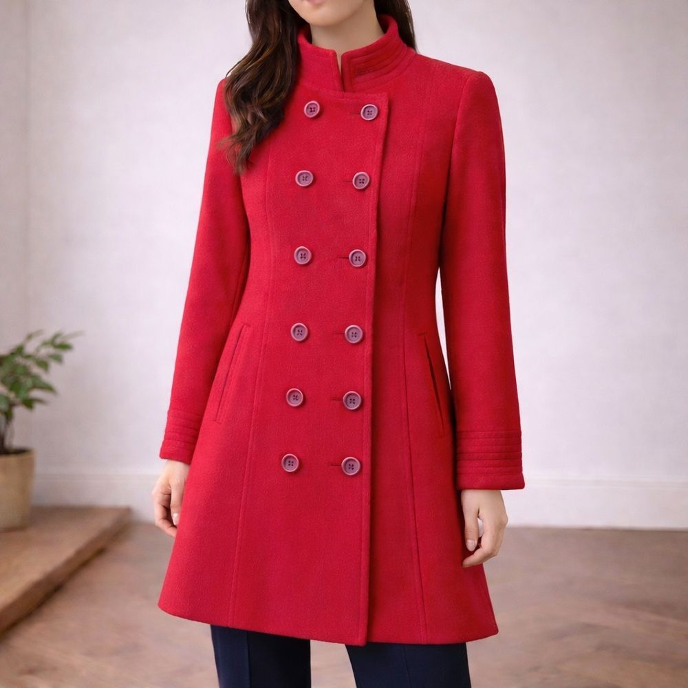 Pendleton Red Wool Coat Size 14P Double Breasted Stand Collar Petite Overcoat